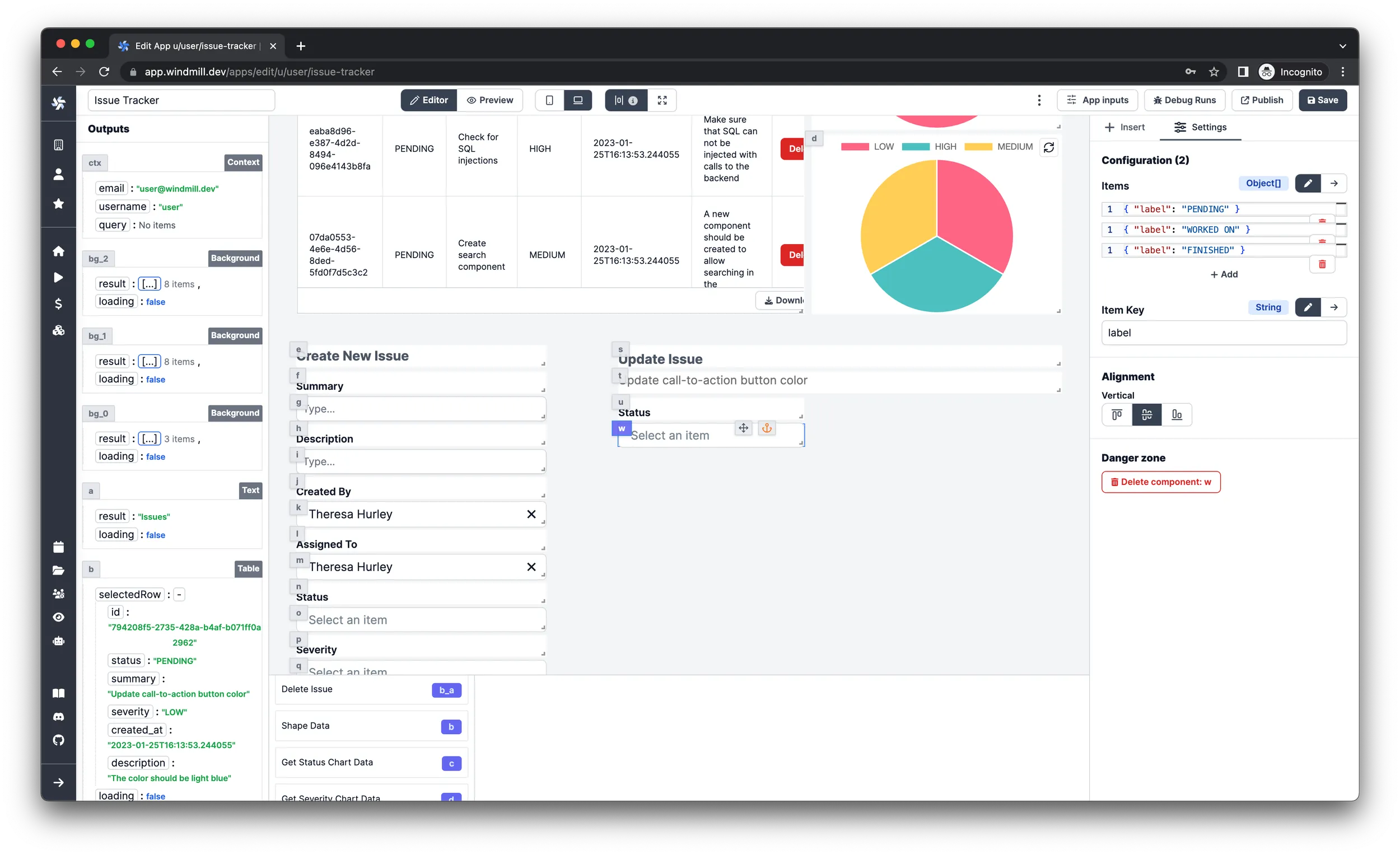 Status field of the update issue form